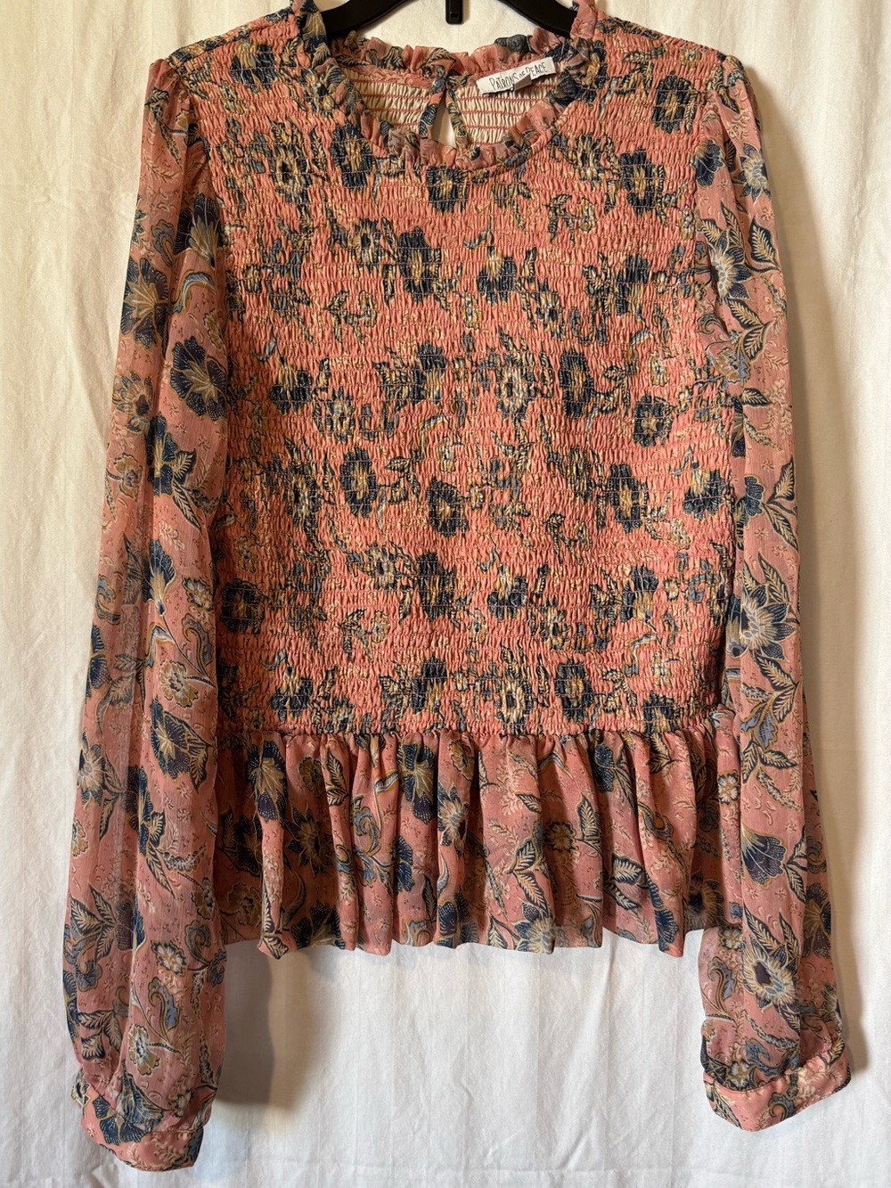 Patrons Of Peace - Peach Floral Smocked Peplum Blouse - Size L